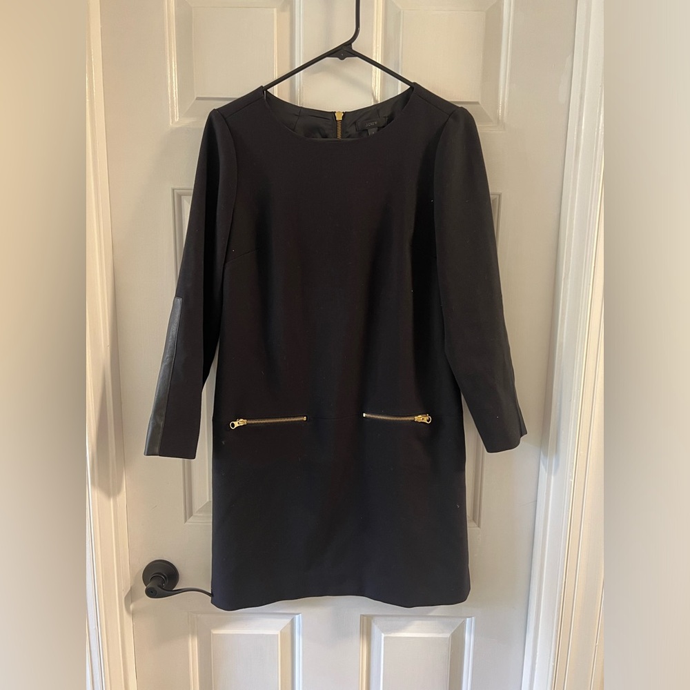 J Crew Black Formal Wool Work Dress - Size 2- Gold Hardware / Leather Details